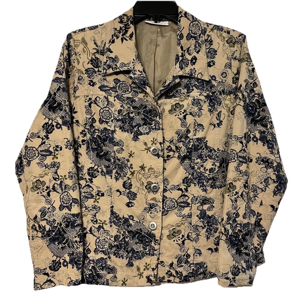 Tantrums Women's Corduroy Jacket - Tan/blue Floral Embroidered Button-Up-Size M
